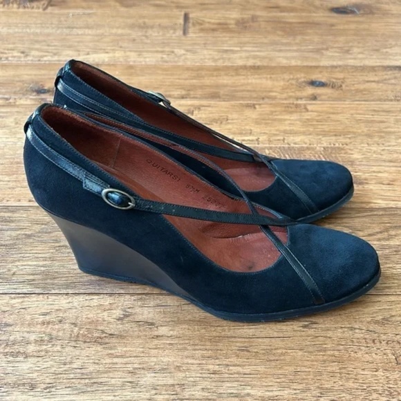 Donald J. Pliner Black Suede Leather Cross Strap Mary Jane Wedge Heels Size 8.5 - Picture 1 of 12